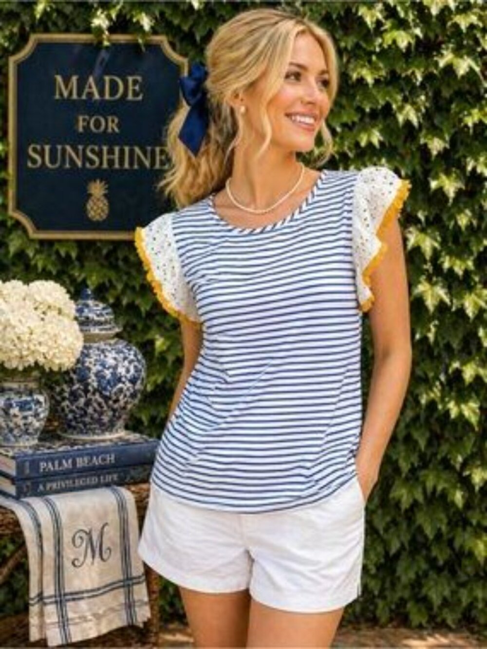 THML Blue White Striped Eyelet Sleeve Top Coastal Preppy Cottagecore X-Small